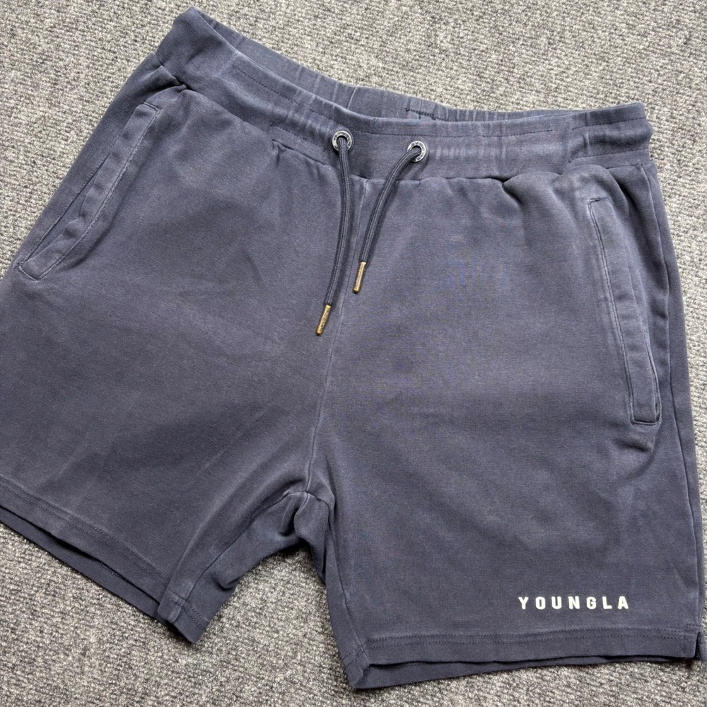 YoungLA Sweat Shorts Mens Large Navy Blue Vintage Wash Drawstring Gym Shorts